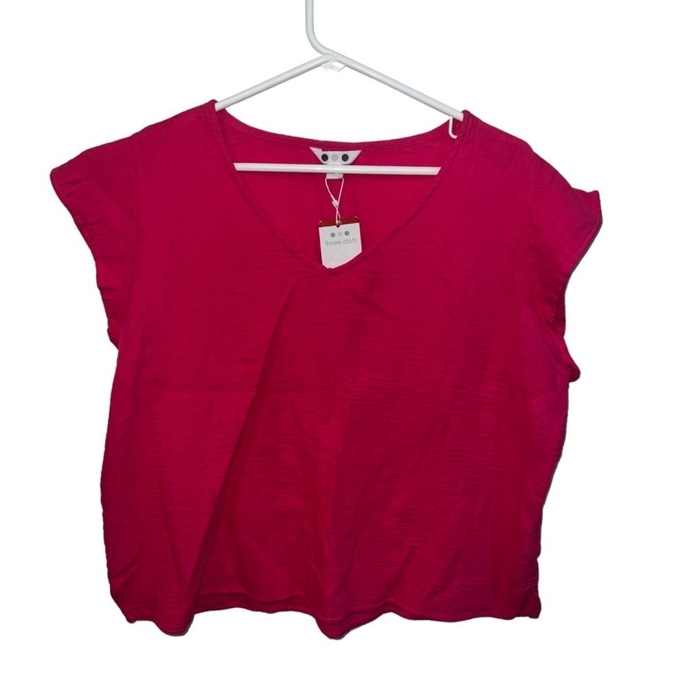 Three Dots Red Crop Blouse Relaxed Fit Double Gauze Top